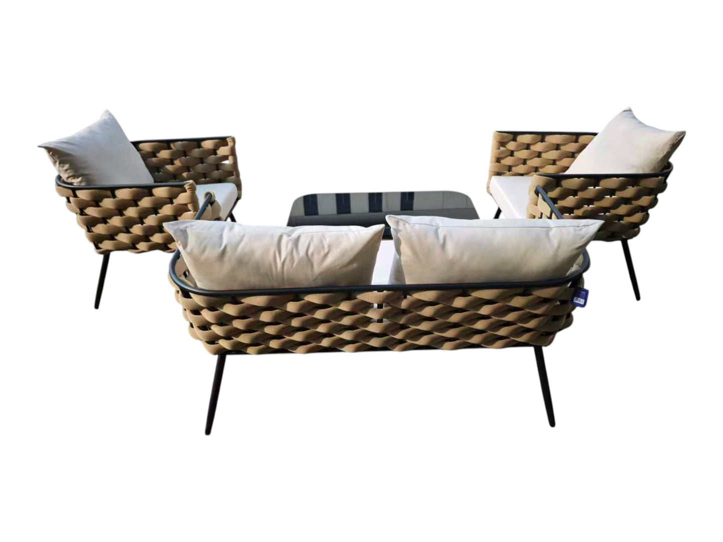 Conjunto Relax Jardín Metal y Cuerda. Sofá 2P + 2 Sillones + Mesa Cristal Negro
