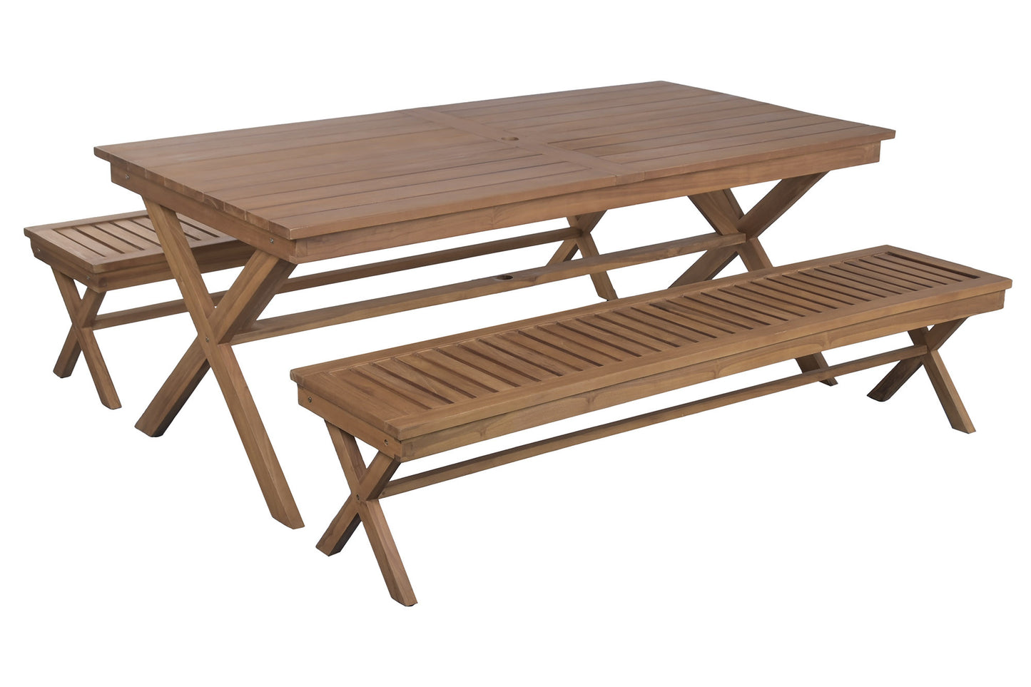 Conjunto Comedor Jardín Teca Grado A Mesa Fija 200x100 cm + 2 Bancos