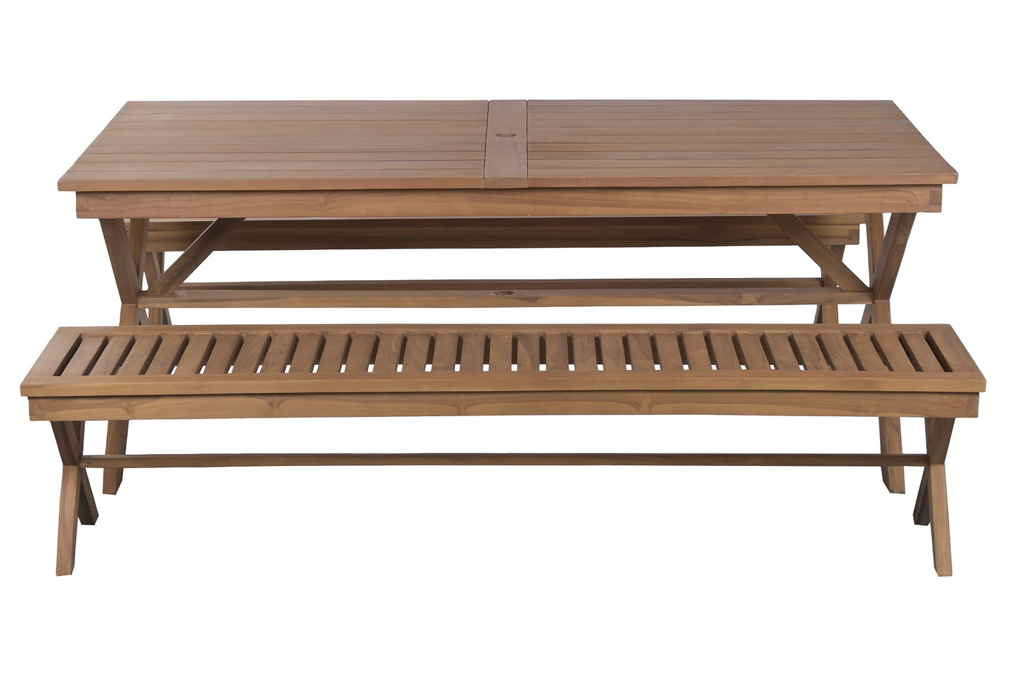 Conjunto Comedor Jardín Teca Grado A Mesa Fija 200x100 cm + 2 Bancos