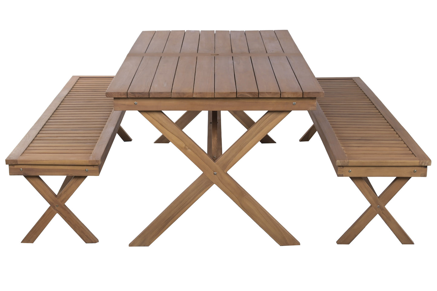 Conjunto Comedor Jardín Teca Grado A Mesa Fija 200x100 cm + 2 Bancos