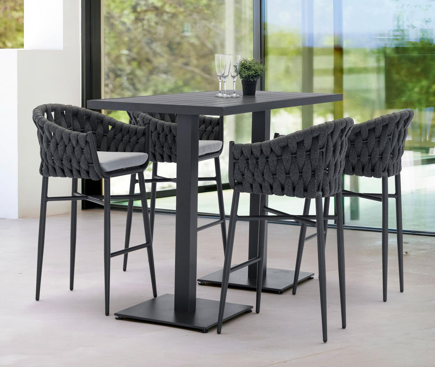 Sillón para barra de bar Meridian aluminio y cuerda antracita con cojín gris  medio