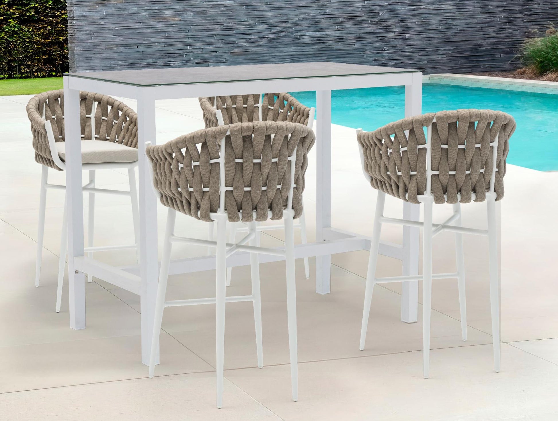 Mesa alta bar Meridian 130x70 cm aluminio  blanco cristal cerámico gris claro.