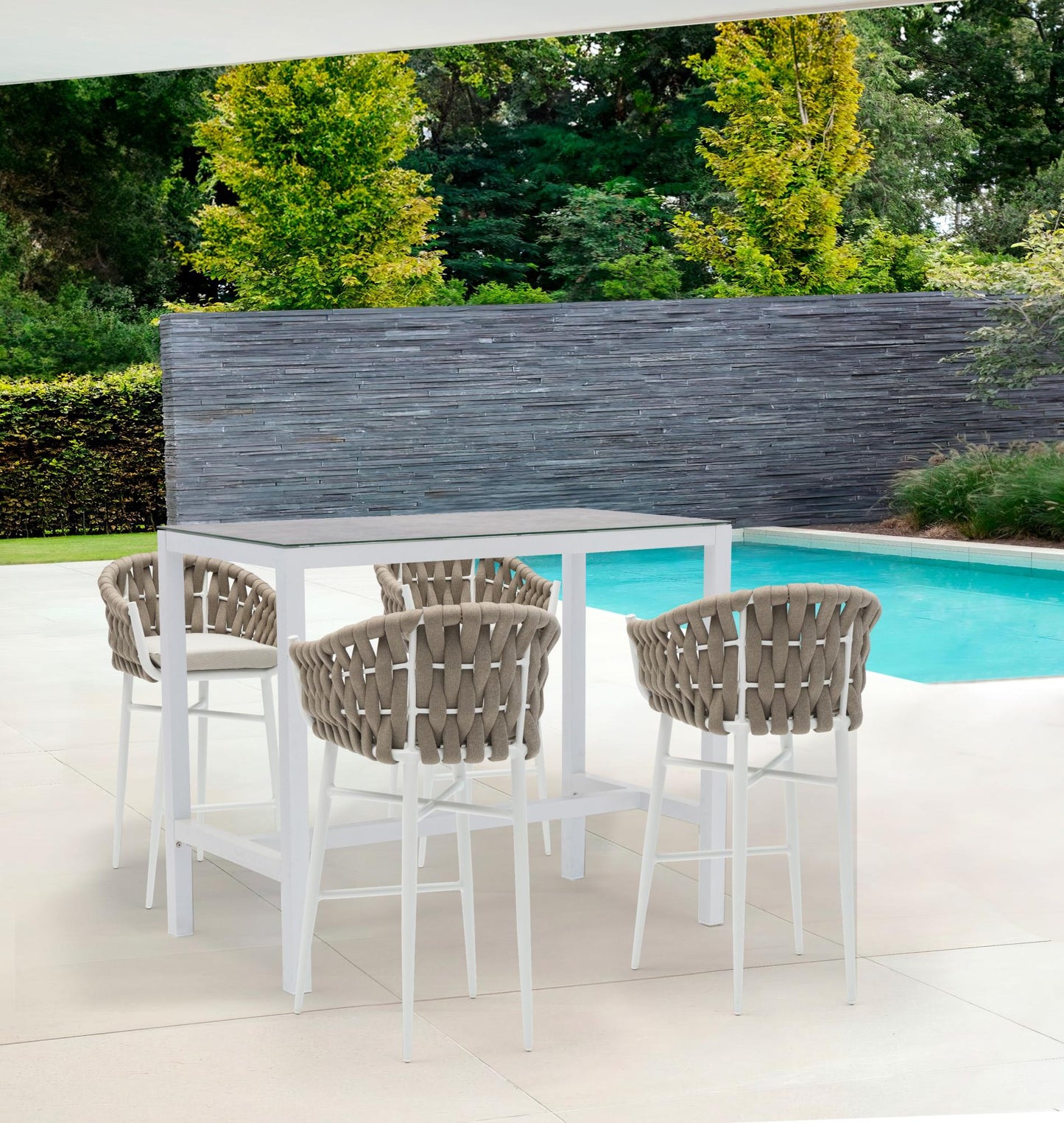 Sillón para barra de bar Meridian aluminio blanco cuerda greige y textil greige