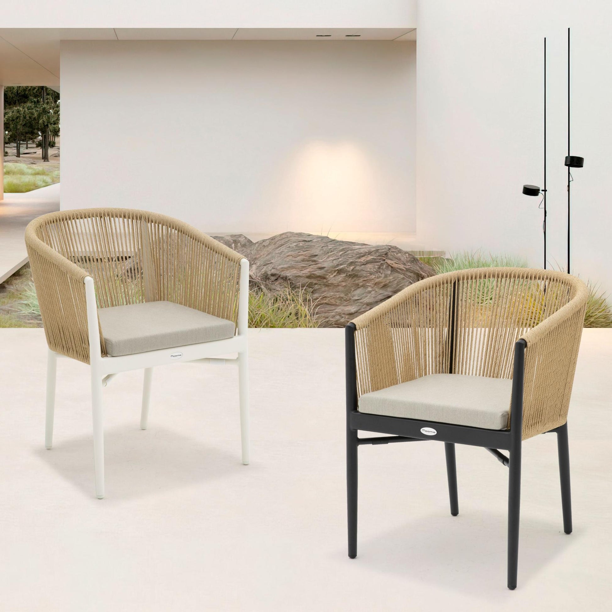 Silla con brazos Fairlee aluminio blanco bone y trenzado natural