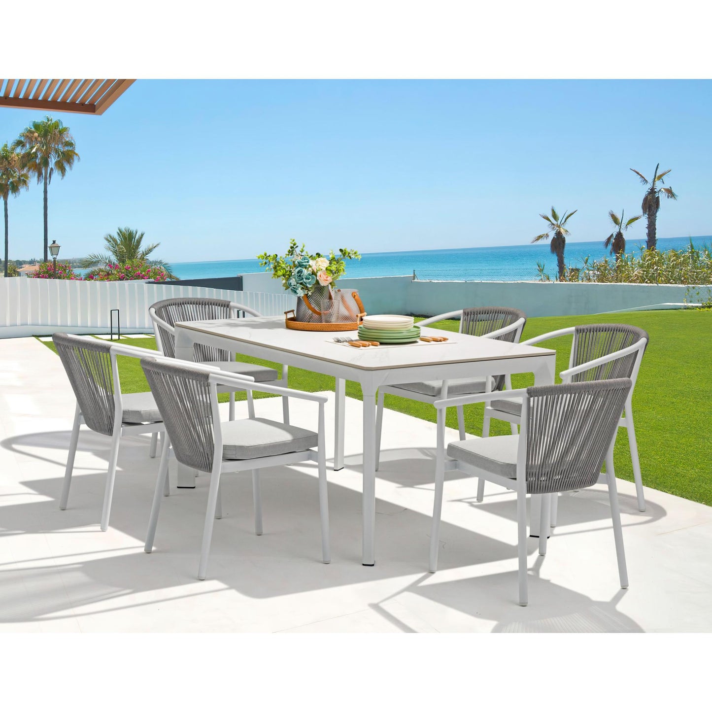 Mesa de comedor Boori 160x90 aluminio blanco top mesa porcelánico blanco