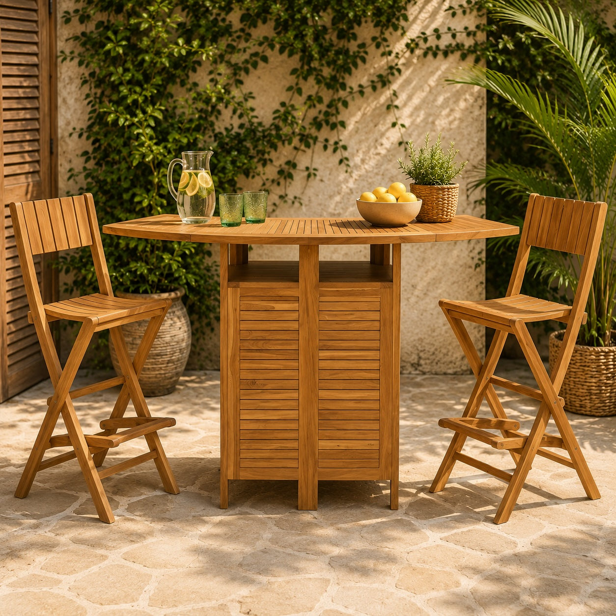 Mueble Bar de Jardín Teca Grado A Plegable con 2 Taburetes
