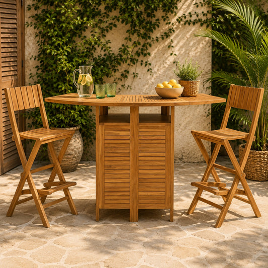 Mueble Bar de Jardín Teca Grado A Plegable con 2 Taburetes