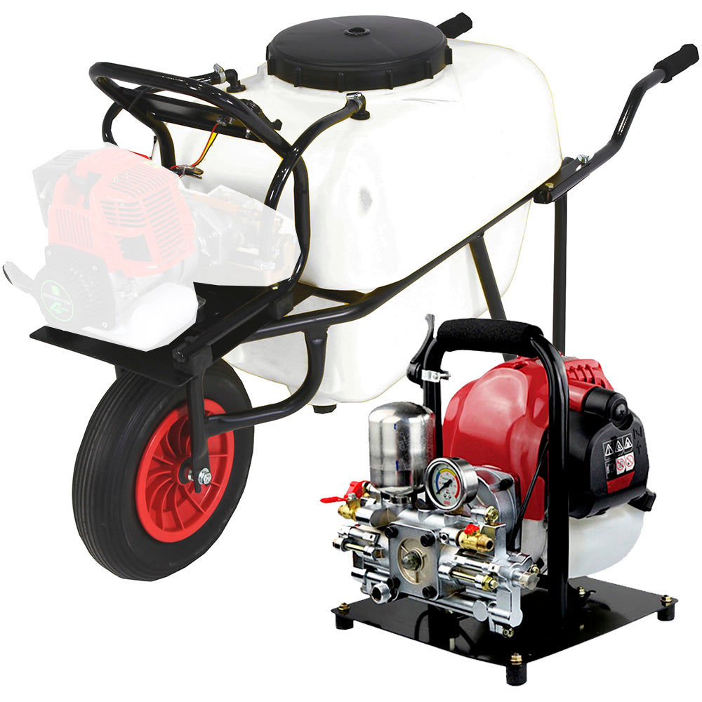 Carretilla sulfatadora una rueda, Motor Gasolina 100L. Motor 4T 50bar 12ltr/min.