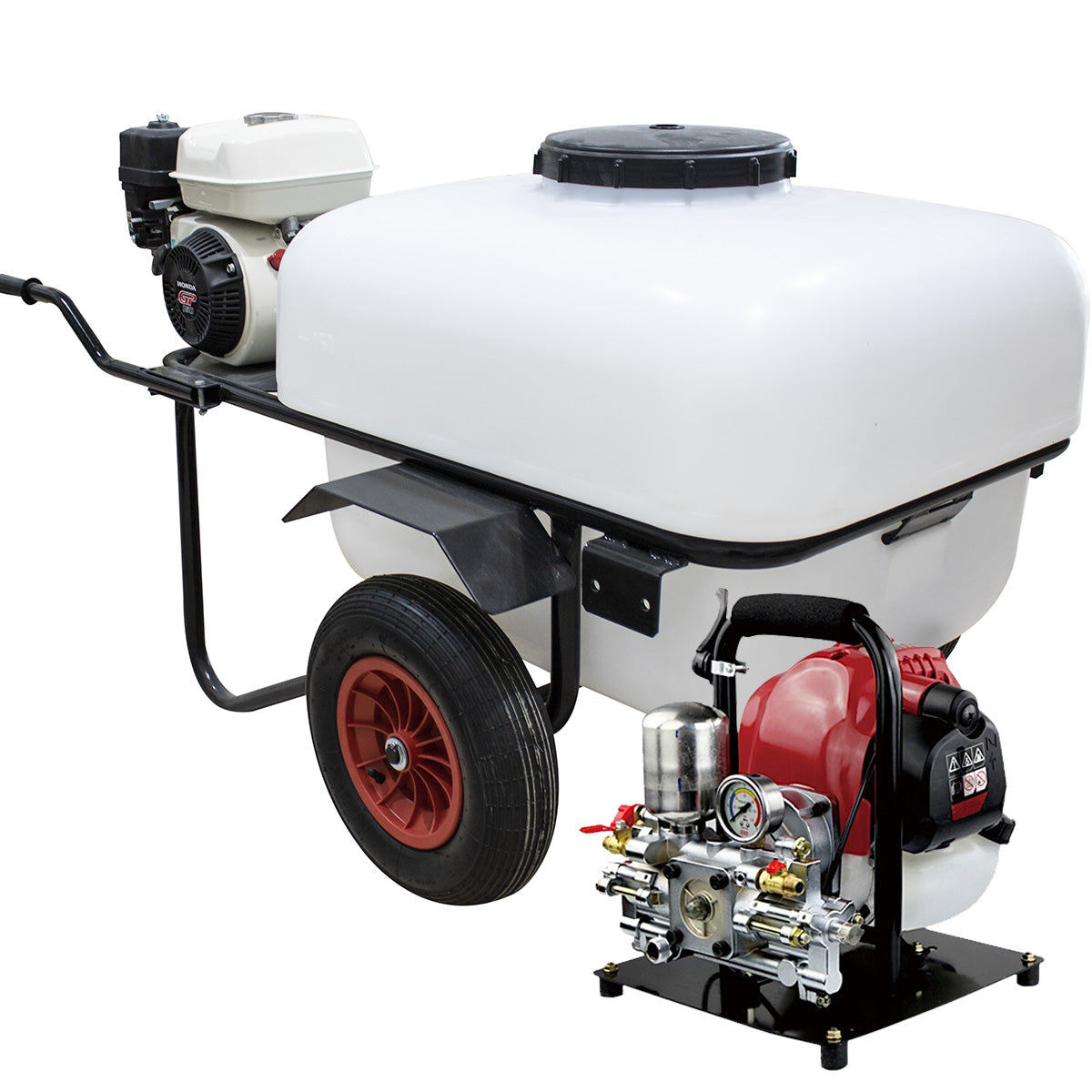 Carretilla sulfatadora dos ruedas, Motor Gasolina 200L. Motor 4T 50bar 12ltr/min.