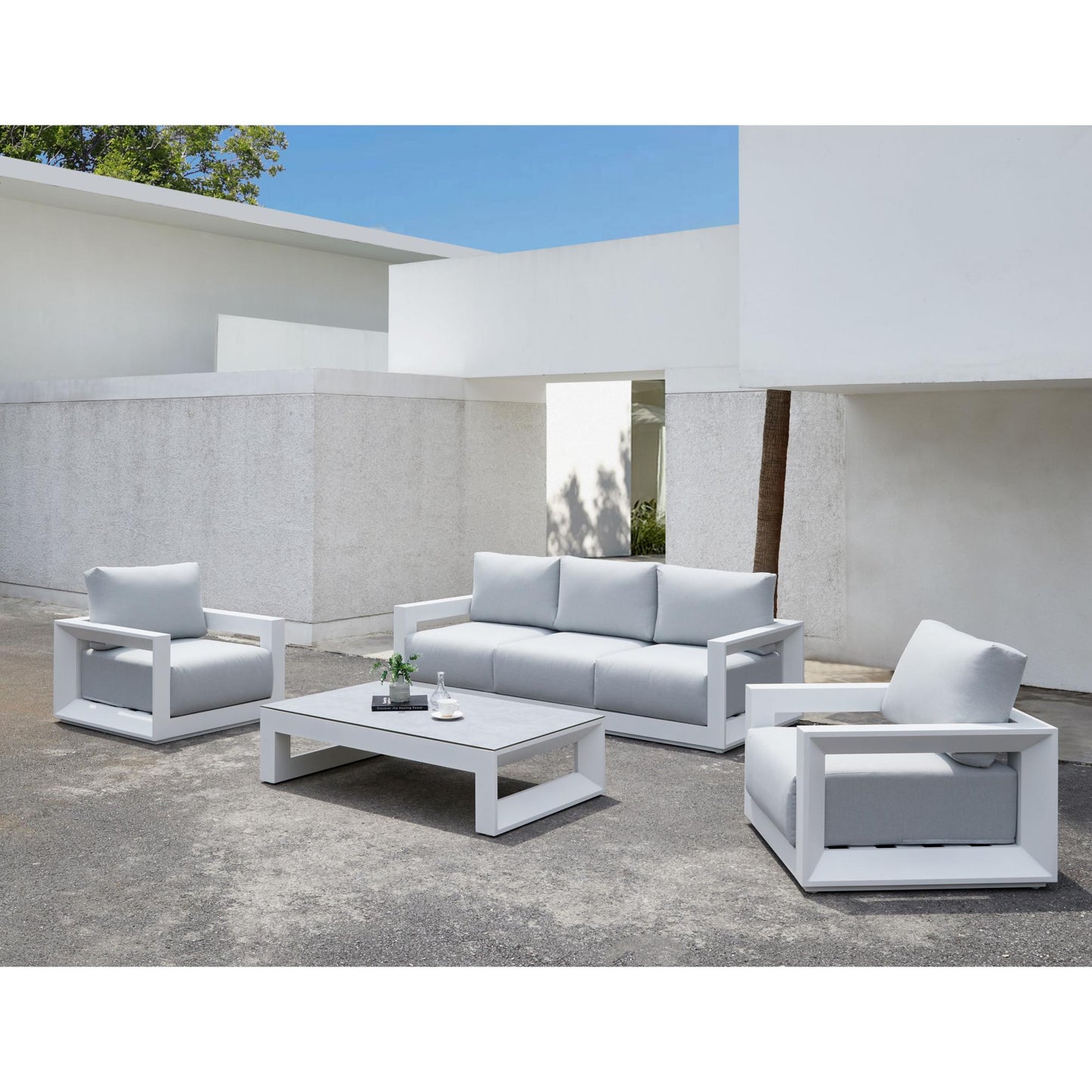 Mesa  de centro Onix aluminio blanco cristal cerámico gris claro