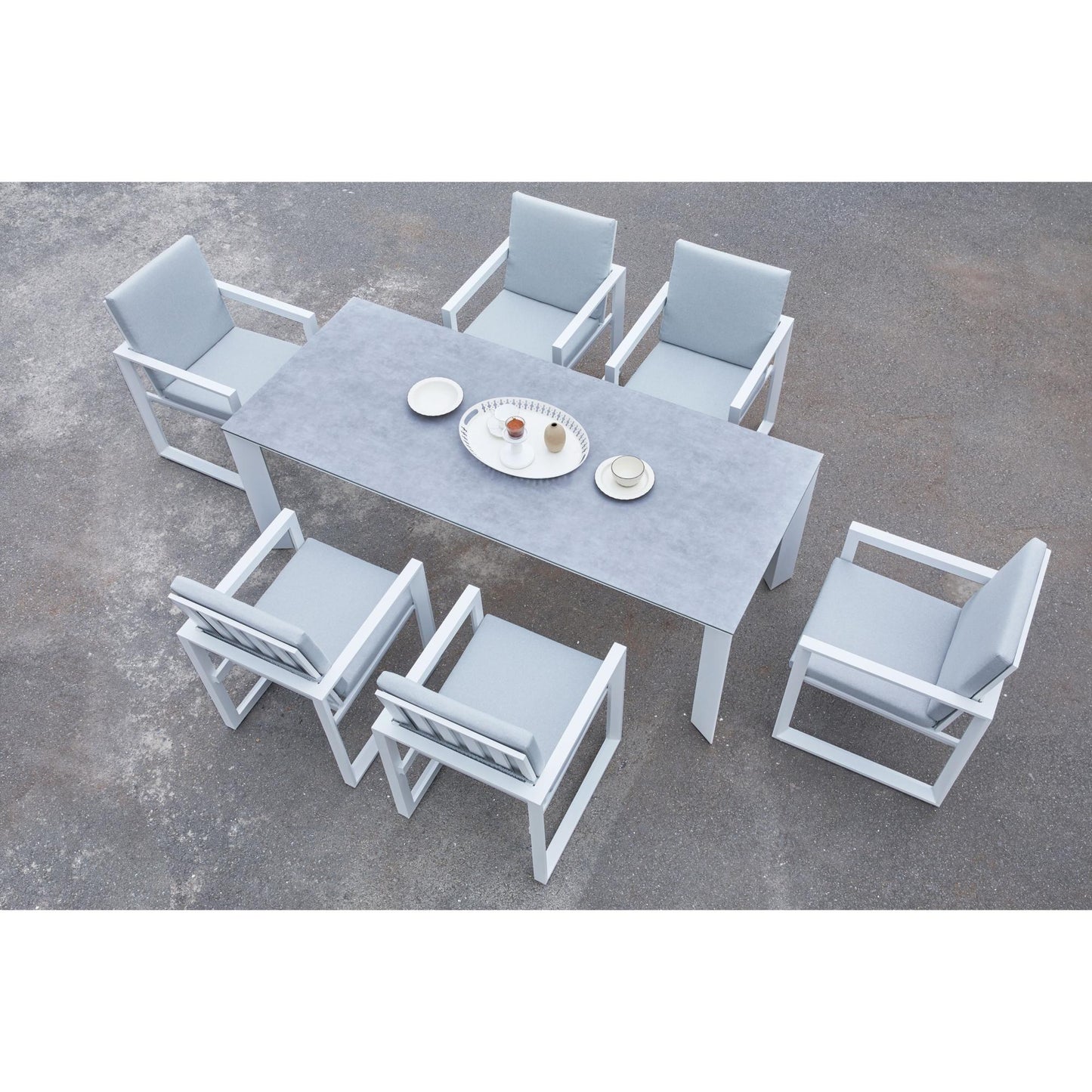 Mesa de comedor Onix 210*90 cm aluminio blanco cristal cerámico gris claro