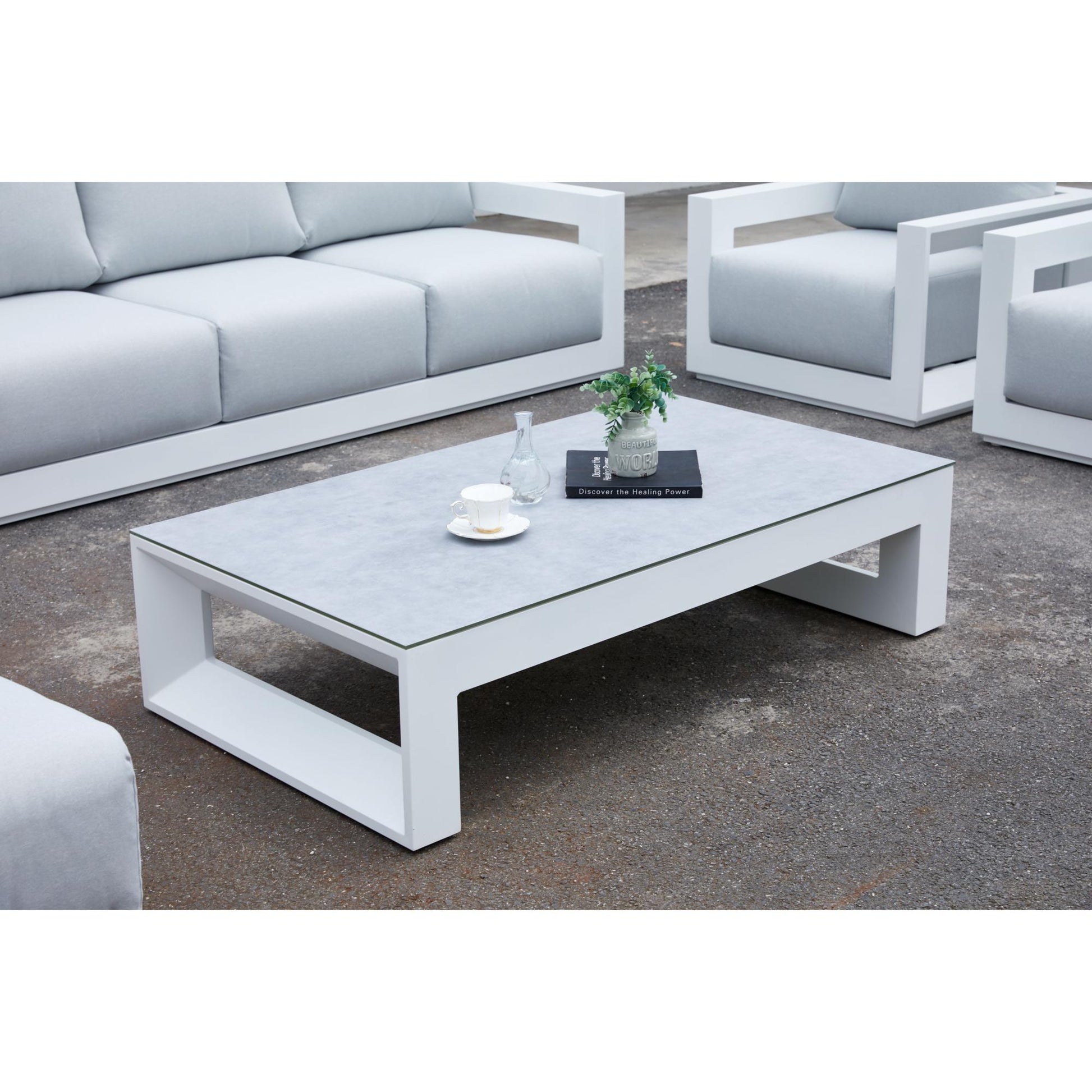 Mesa  de centro Onix aluminio blanco cristal cerámico gris claro