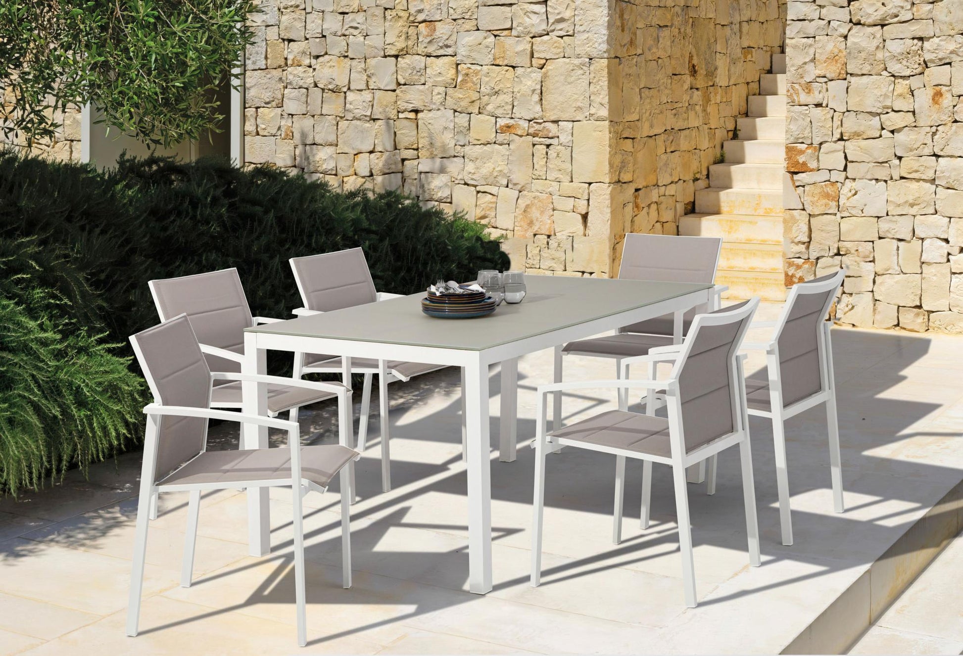 Mesa extensible ORICK 100*150/225 cm aluminio blanco y cristal gris claro