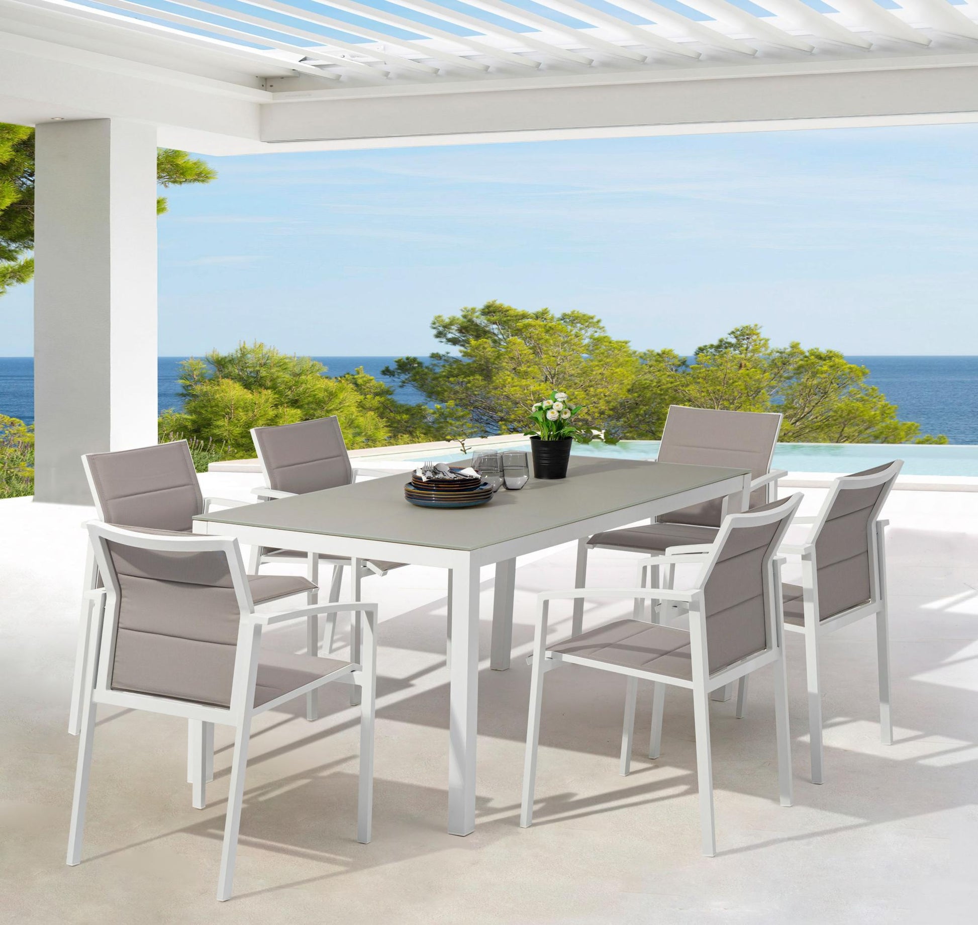 Sillón de comedor ORICK aluminio blanco y textil gris claro