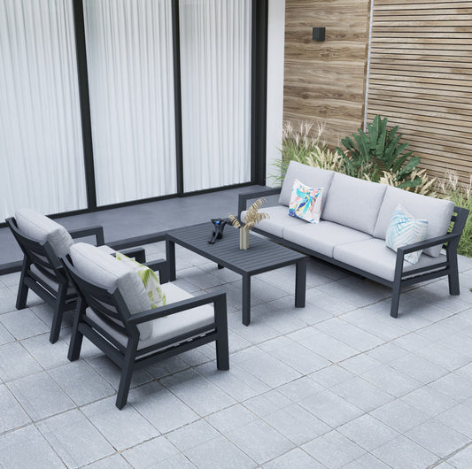 Set de sofas Pakse 4pcs aluminio antracita y cojinería gris medio