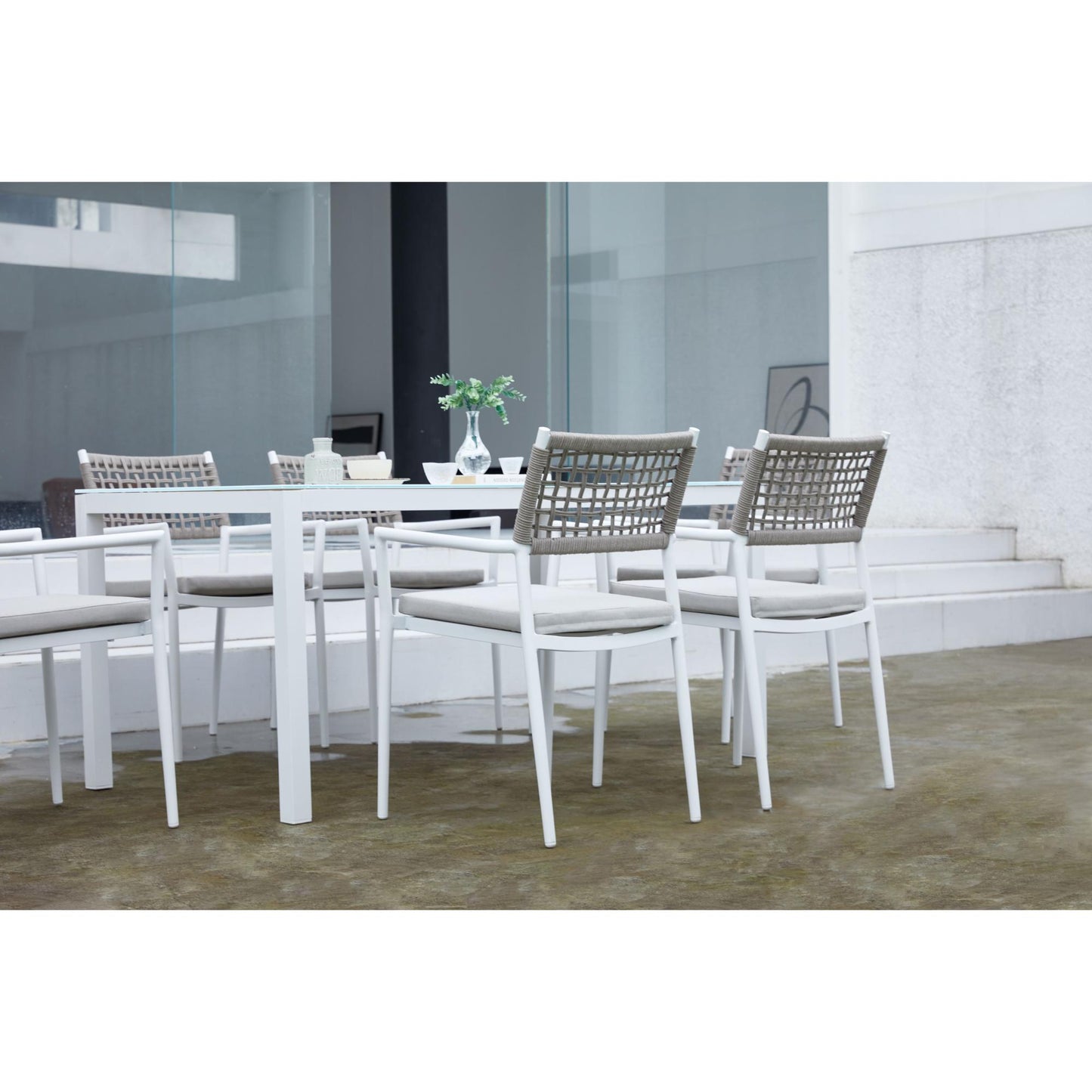 Silla de comedor Samoa aluminio blanco cuerda y cojín greige 