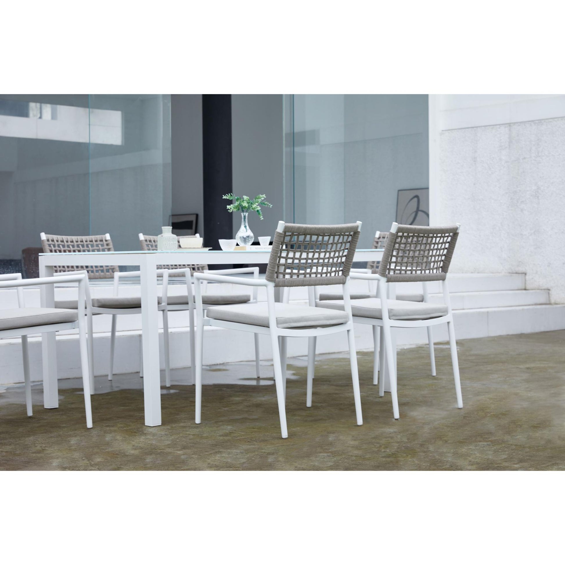 Silla de comedor Samoa aluminio blanco cuerda y cojín greige 