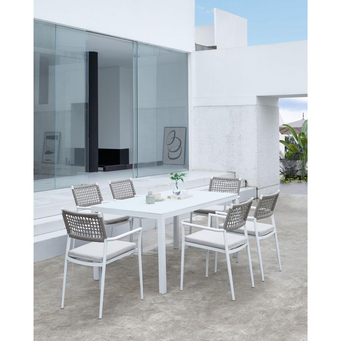 Silla de comedor Samoa aluminio blanco cuerda y cojín greige 