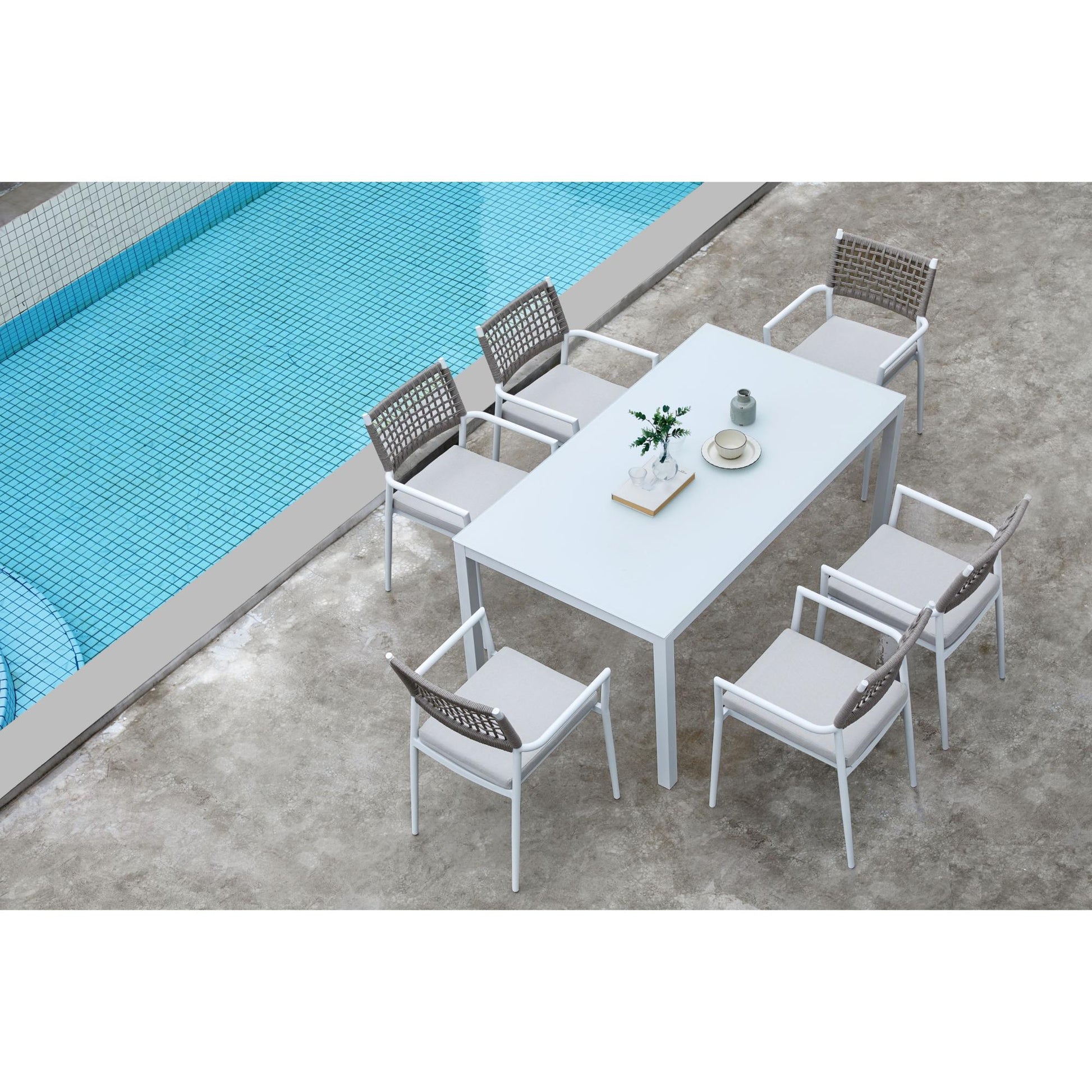 Silla de comedor Samoa aluminio blanco cuerda y cojín greige 