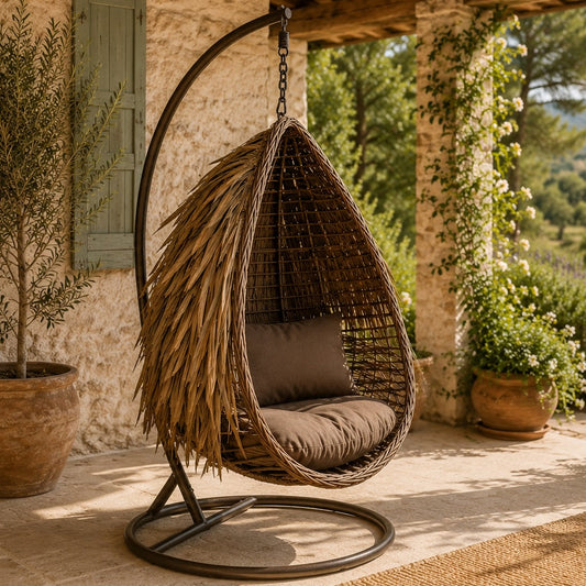 Sillón Colgante 1 Plaza Fibra PE Marrón con Base y Cojín
