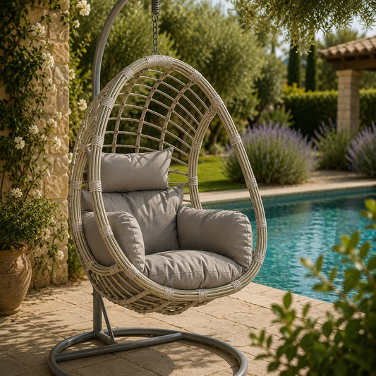 Sillón Colgante 1 Plaza Ratán Sintético Gris con Base y Cojín