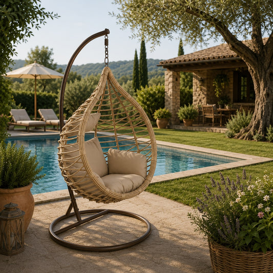 Sillón Colgante 1 Plaza Ratán Sintético Marrón con Base y Cojín