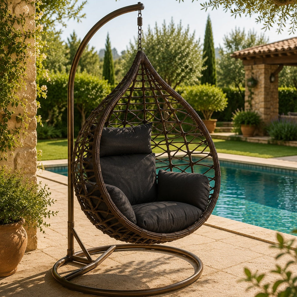 Sillón Colgante 1 Plaza Ratán Sintético Marrón con Base y Cojín