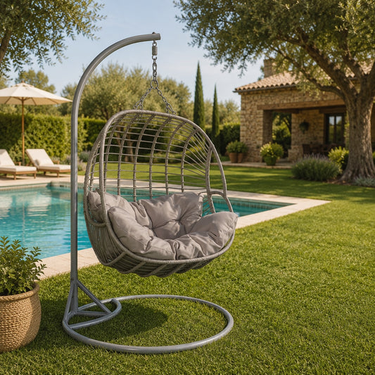 Sillón Colgante 2 Plazas Ratán Sintético Gris con Base y Cojín