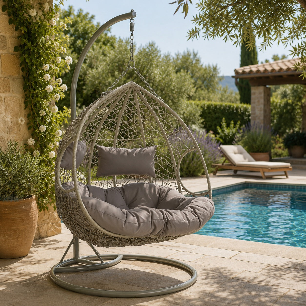 Sillón Colgante 2 Plazas Ratán Sintético Gris con Base y Cojínes