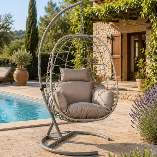Sillón Colgante 1 Plaza Ratán Sintético y Cuerda Gris Claro con Base y Cojín