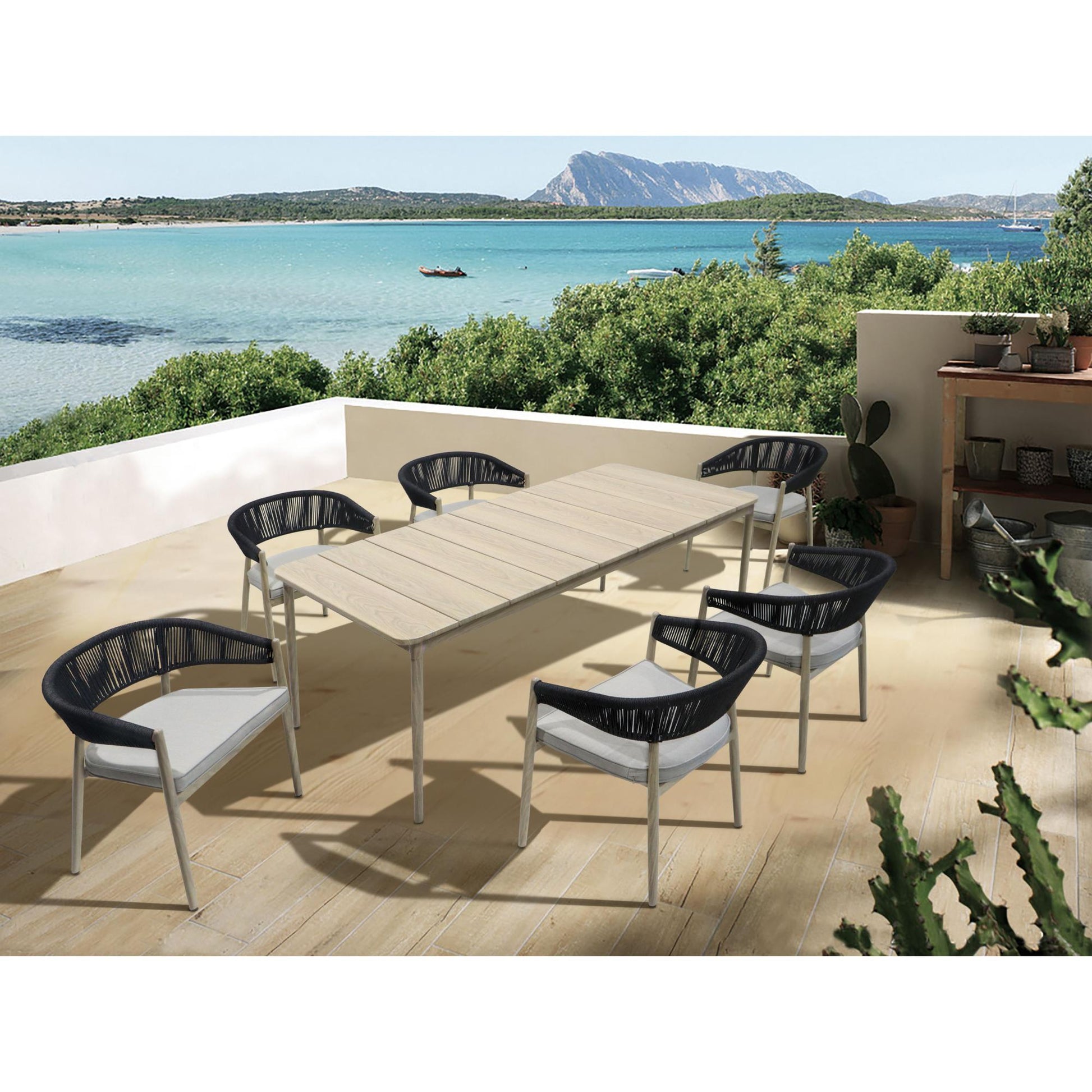 Sillón de comedor Sunset aluminio efecto madera y cuerda antracita