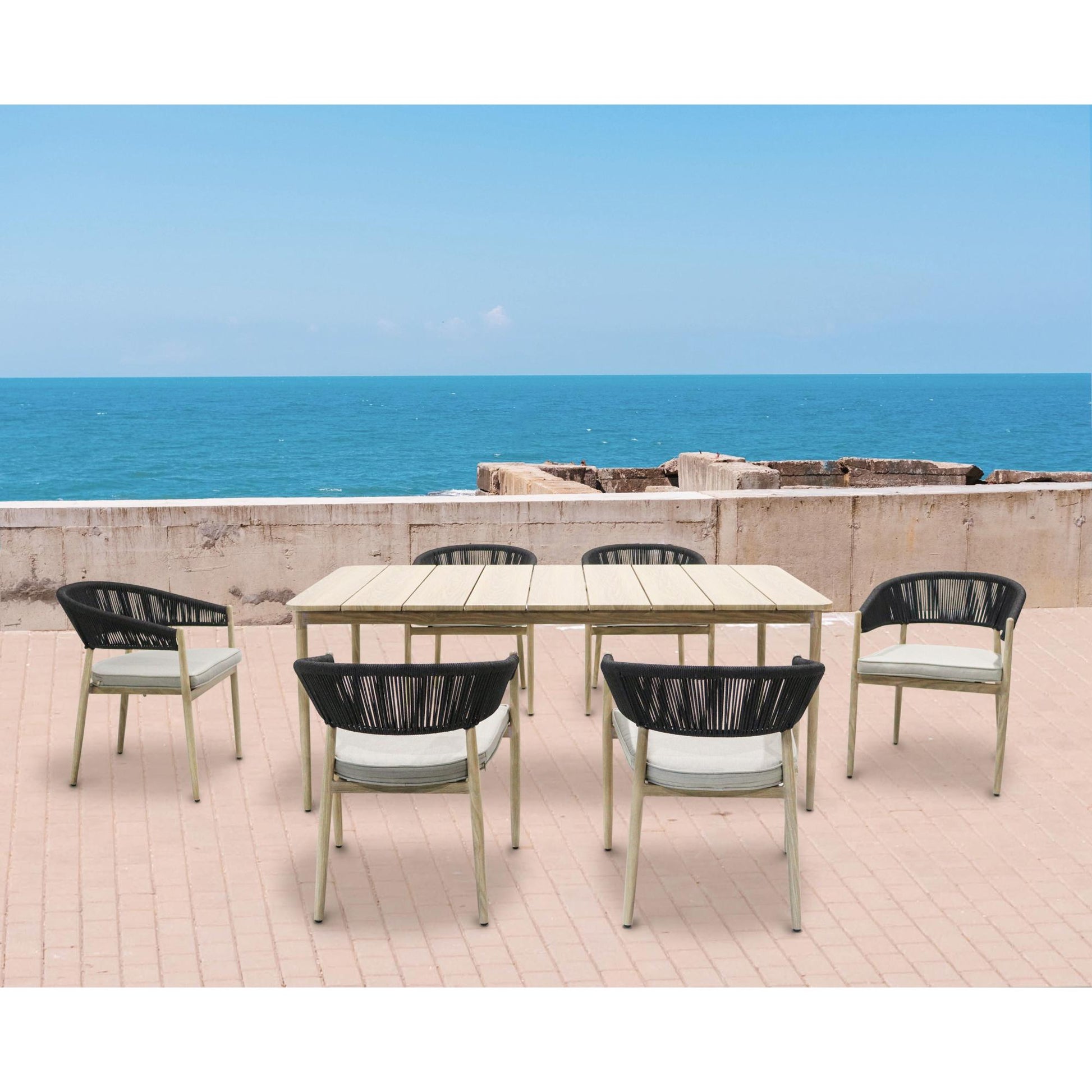 Sillón de comedor Sunset aluminio efecto madera y cuerda antracita