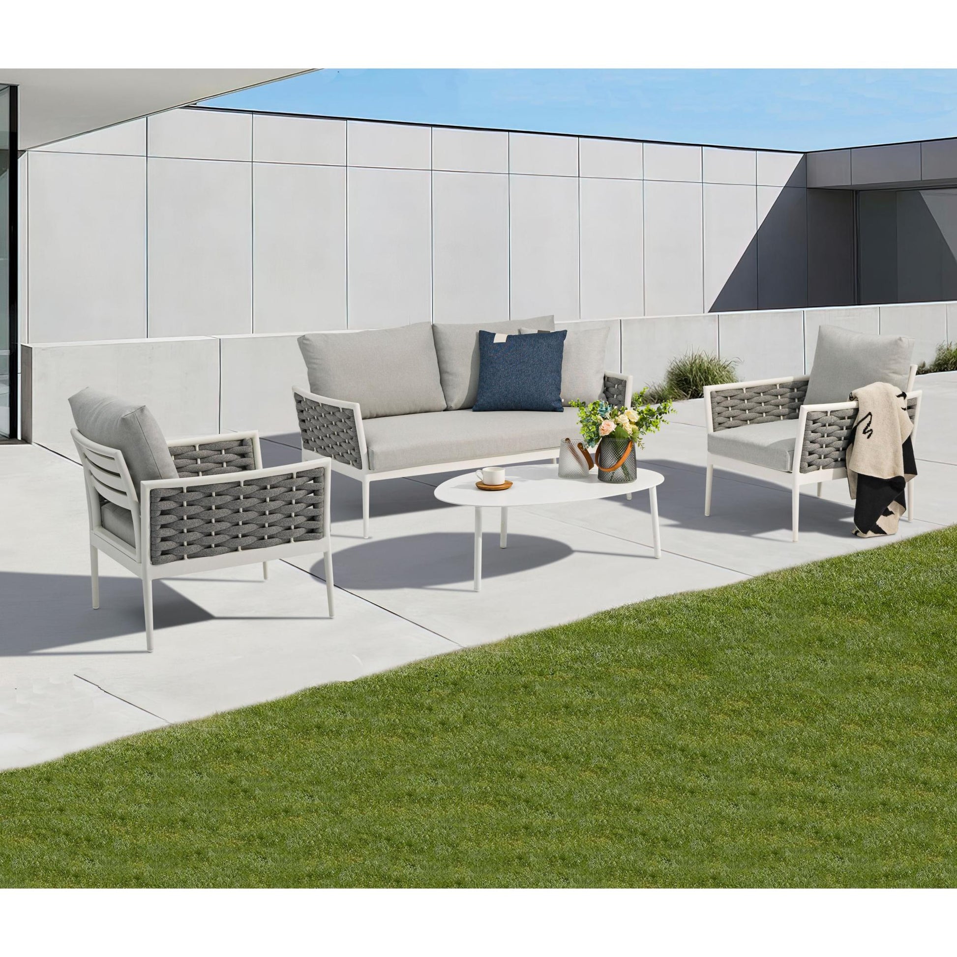 Sofá 2 plazas Walga aluminio blanco cojín gris claro