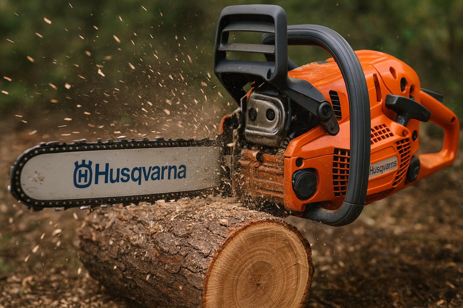 Crea la imagen de una motosierra Husqvarna cortando un tronco