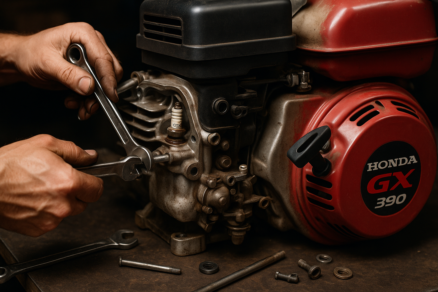 Crea la imagen que se muestra en la reparación de un motor honda GX 390 pero cerrando el plano sobre el motor si acaso como mucho que se vean las manos del mecánico