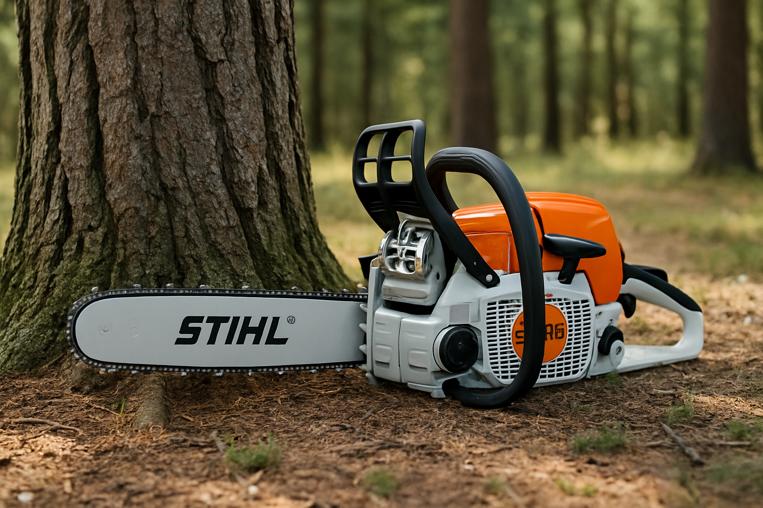 Imagen de una motosierra Stihl al lado de un arbol