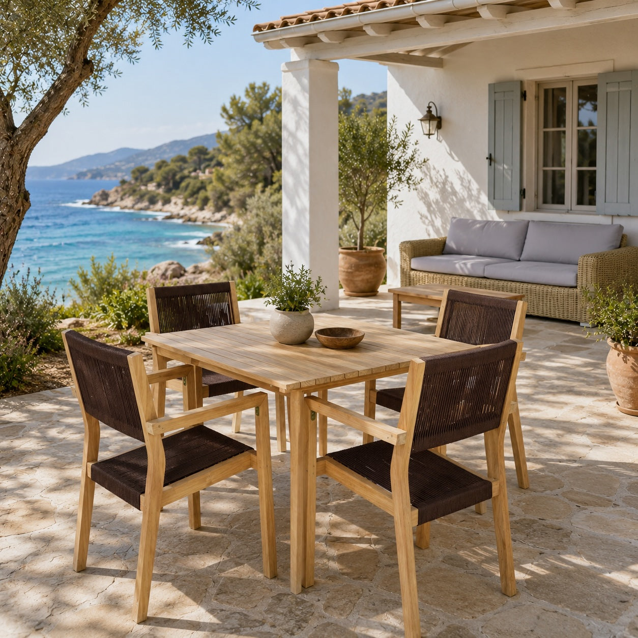 Conjunto Comedor Jardín Teca y Cuerda Mesa 90x90 cm + 4 Sillas